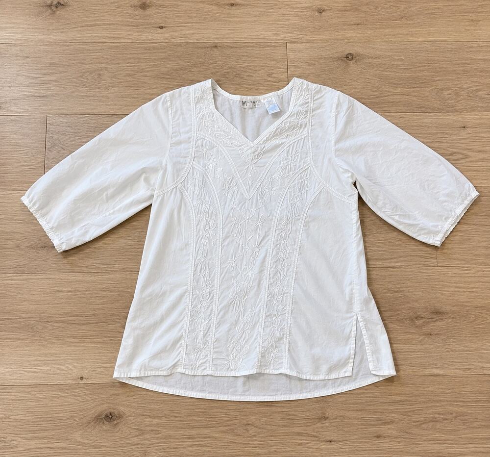Y2K Papillon White Embroidered Cotton Boho Peasant Blouse Top Small Romantic
